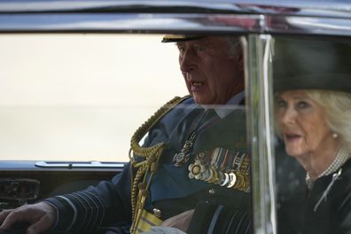 King Charles III and Camilla, the Queen Consort, leave Westminster Hall in London, Wednesday, Sept. 14, 2022. The Queen Elizabeth II will lie in state in Westminster Hall for four full days before her funeral on Monday Sept. 19. (AP Photo/Frank Augstein, Pool)