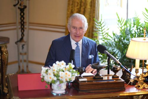 The UK's King Charles III records his audio message for the Royal Maundy Service in the 18th Century Room at Buckingham Palace in mid-March 2024