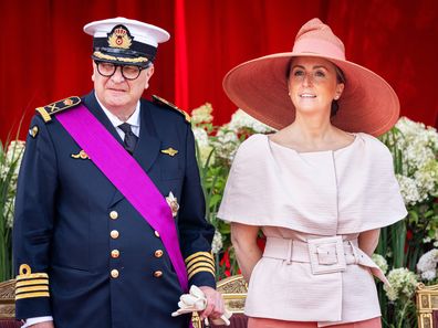Prince Laurent of Belgium and Princess Claire of Belgium attend the te military parade at the palace square  on July 21, 2023 in Brussels, Belgium. 