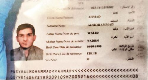 A Syrian passport said to belong to one of the attackers, Ahmed Almuhamed.