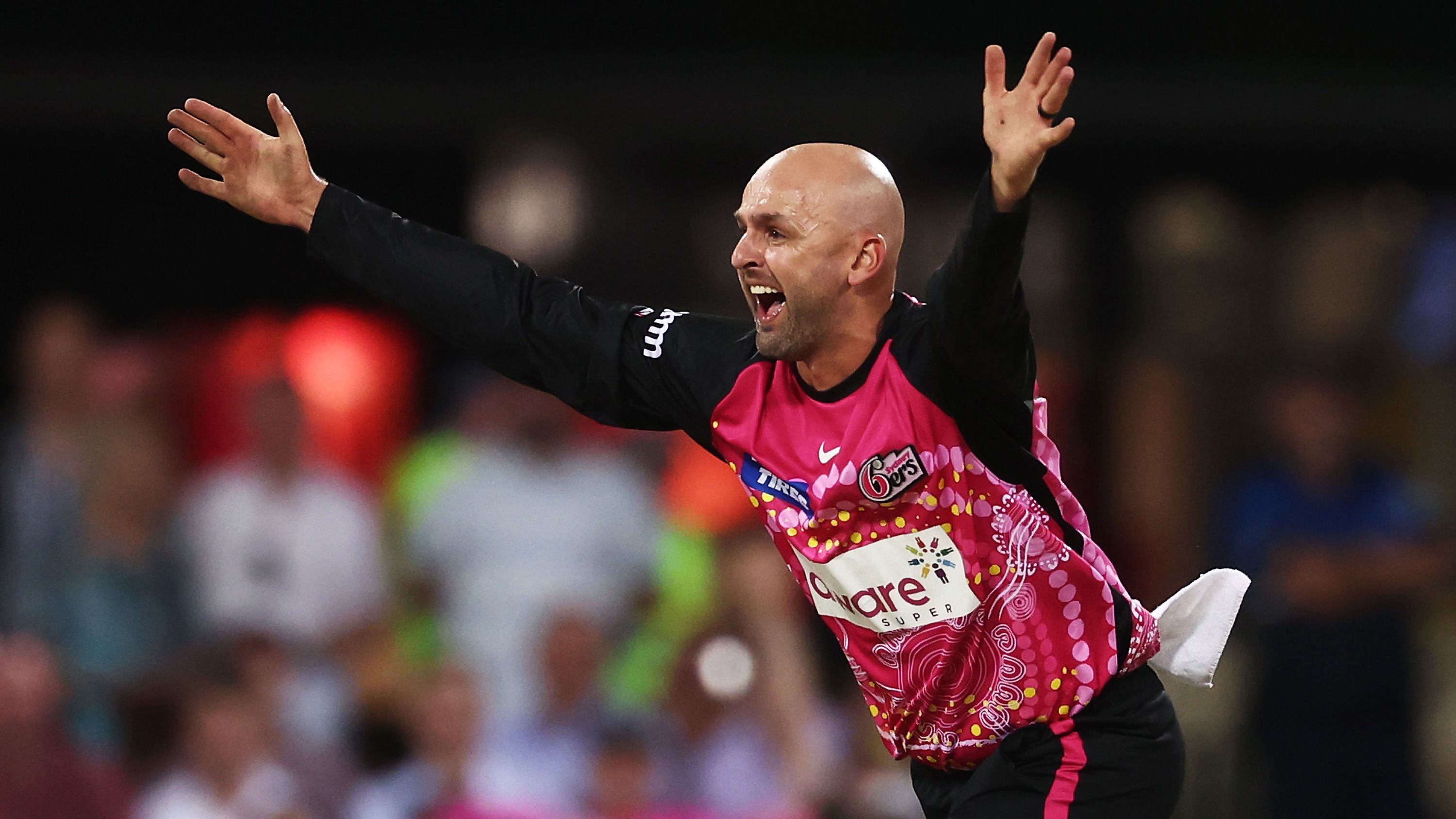 SYDNEY, AUSTRALIA - JANUARY 15:  Nathan Lyon of the Sixers appeals during the Men&#x27;s Big Bash League match between the Sydney Sixers and the Perth Scorchers at Sydney Cricket Ground, on January 15, 2023, in Sydney, Australia. (Photo by Matt King/Getty Images)