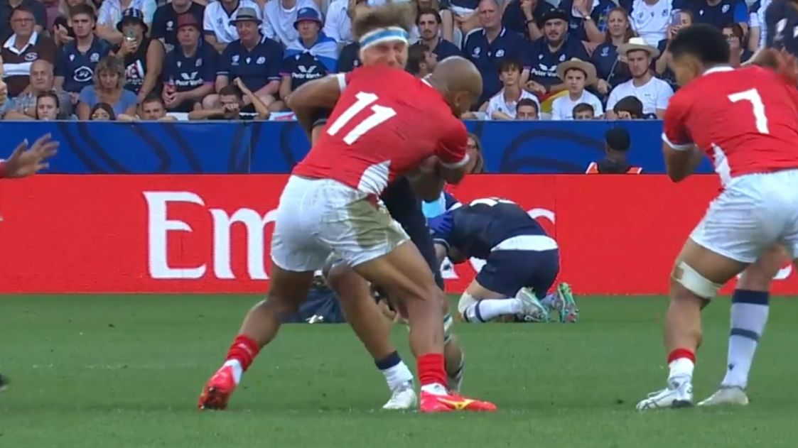 Tonga&#x27;s Vaea Fifita make an ugly tackle on a Scottish player, resulting in a yellow card that was upgraded to red.