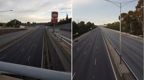 One Twitter user walking across one of the freeway's footbridges remarked that he'd "Never seen the Monash Freeway like this at 8am". (9NEWS/Lachie Buszard) 