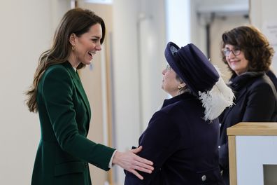 Catherine, Princess of Wales speaks with Councillor Lesley Gettings and Vice-Chancellor of the University of Leeds, Professor Simone Buitendijk at the University of Leeds on January 31, 2023 in Leeds, England.  