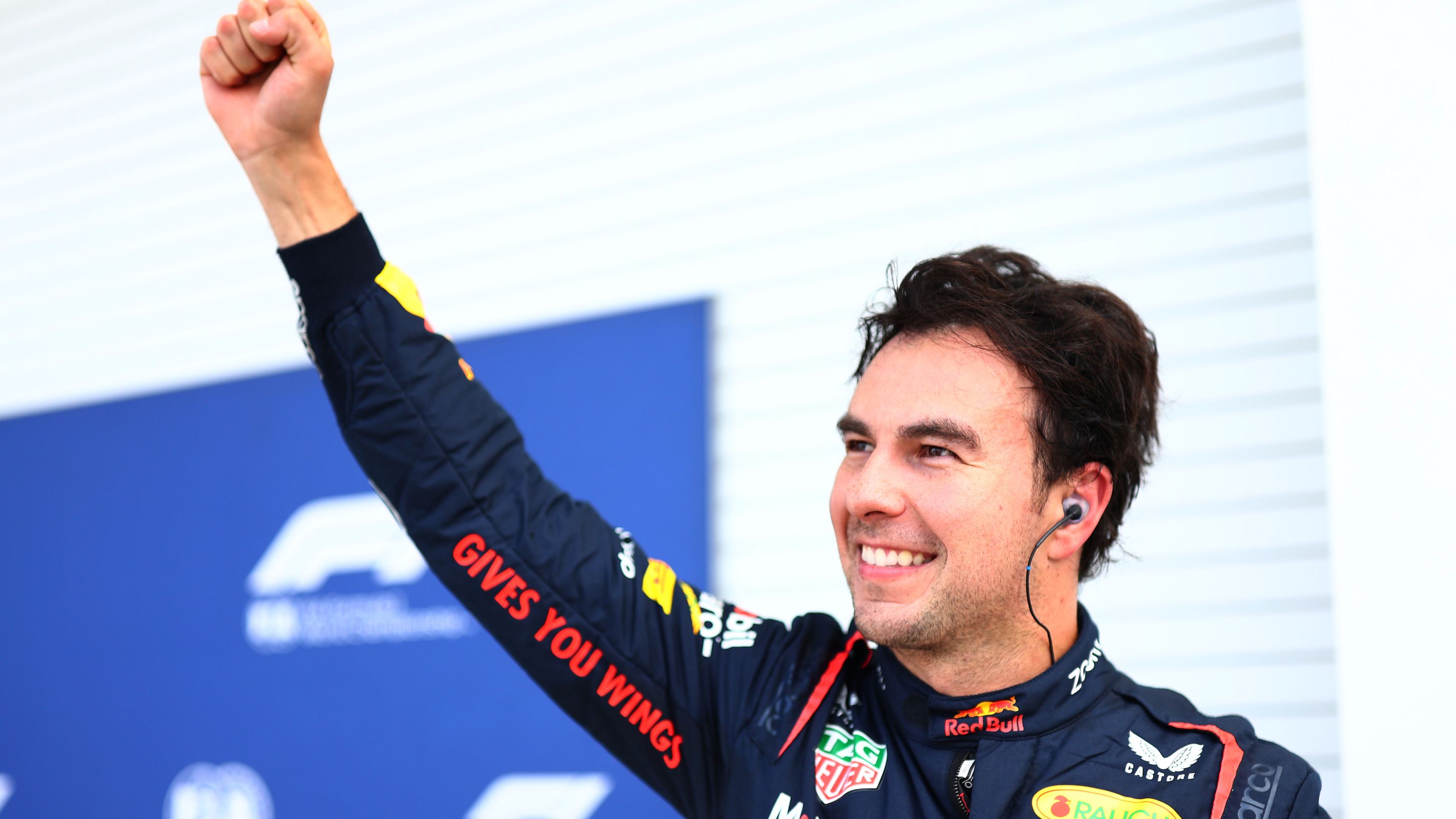 Pole position qualifier Sergio Perez of Mexico and Oracle Red Bull Racing celebrates in parc ferme during qualifying ahead of the F1 Grand Prix of Miami at Miami International Autodrome on May 06, 2023 in Miami, Florida. (Photo by Dan Istitene - Formula 1/Formula 1 via Getty Images)