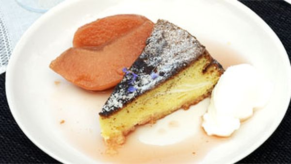 Olive oil & sauterne cake with poached quinces