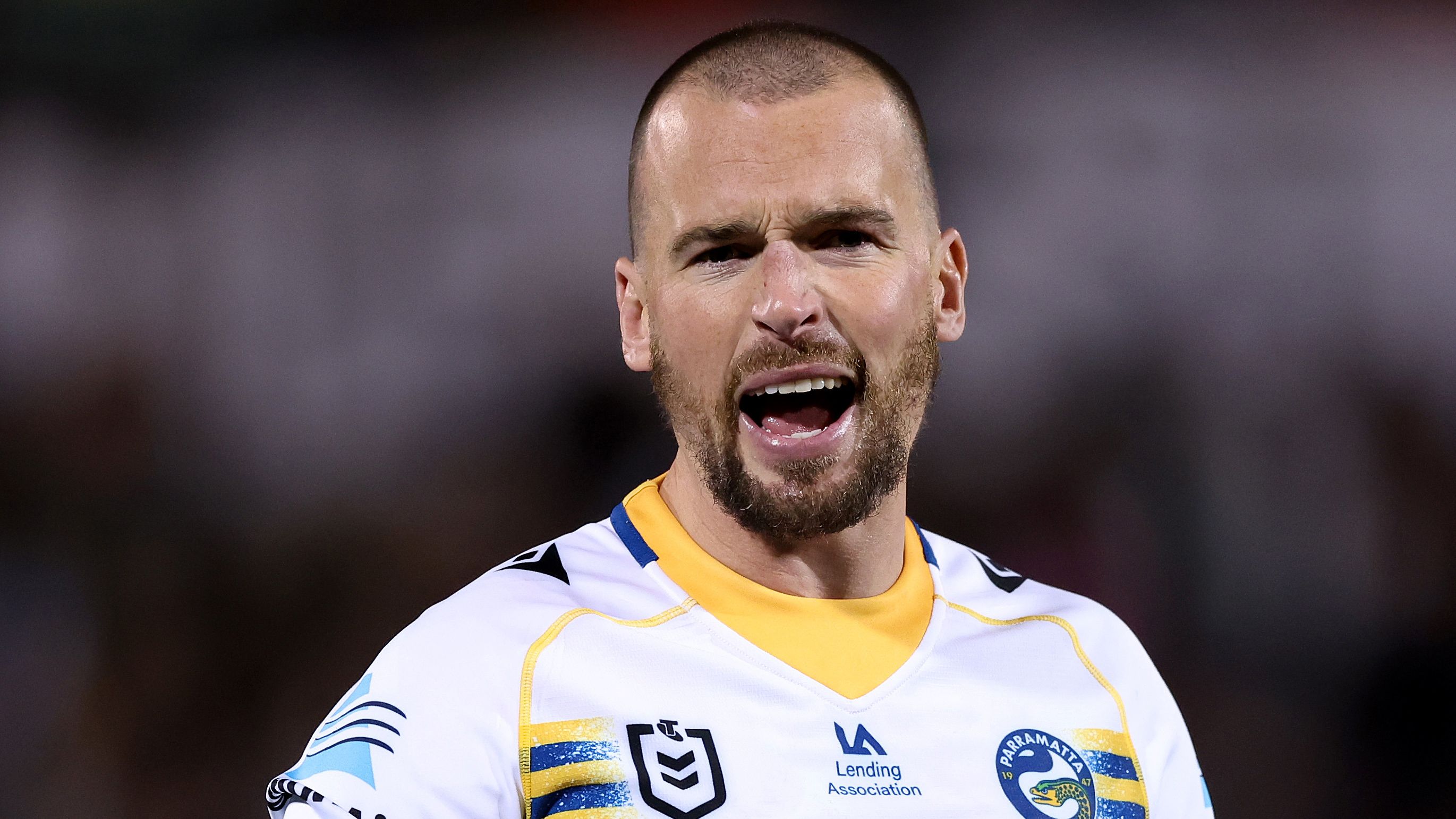 Clint Gutherson of the Eels reacts during the round 26 NRL match between Penrith Panthers and Parramatta Eels at BlueBet Stadium on August 24, 2023 in Penrith, Australia. (Photo by Mark Metcalfe/Getty Images)
