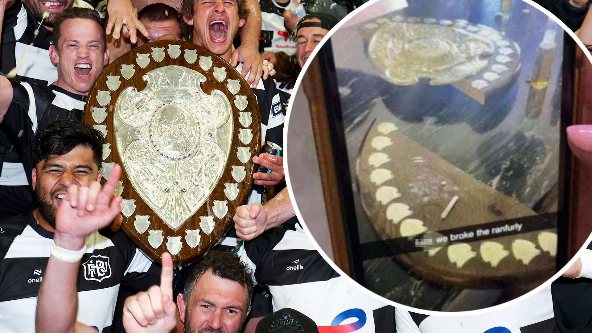 Hawke&#x27;s Bay players loft the Ranfurly Shield, which was later broken.