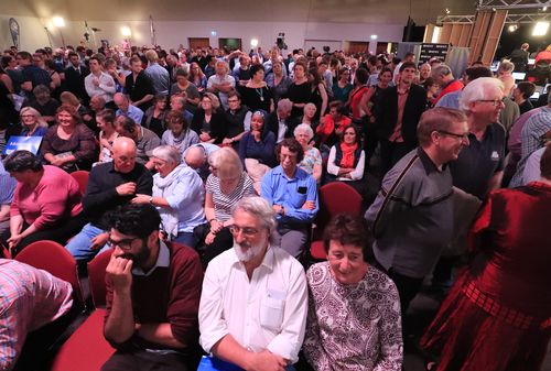 The Tasmanian Election Tally Room crowd in Hobart, Tasmania, Saturday, March 3, 2018. The Will Hodgman-led Liberal party has won a second term and will govern with a majority following Saturday's Tasmanian state election.