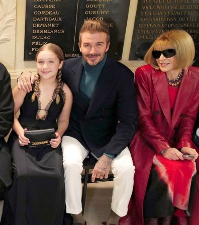 David and Harper Beckham with Anna Wintour at Paris Fashion Week for the Victoria Beckham show.
