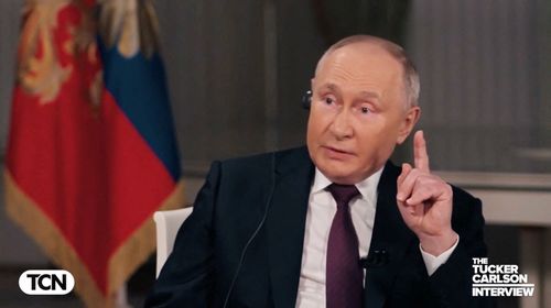 Russian President Vladimir Putin speaks during an interview with US television host Tucker Carlson