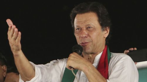 Imran Khan speaks at a rally in Lahore, Pakistan. (AAP)