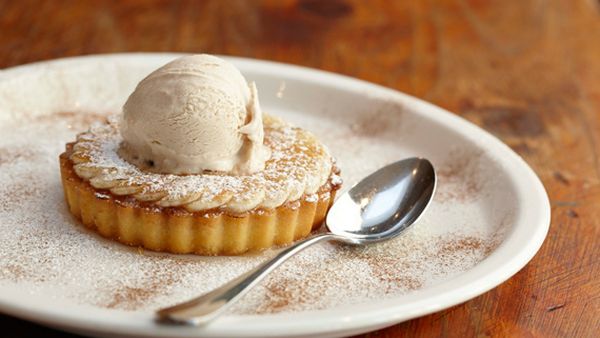 Caramelised banana tart with honey cinnamon ice-cream and butterscotch sauce