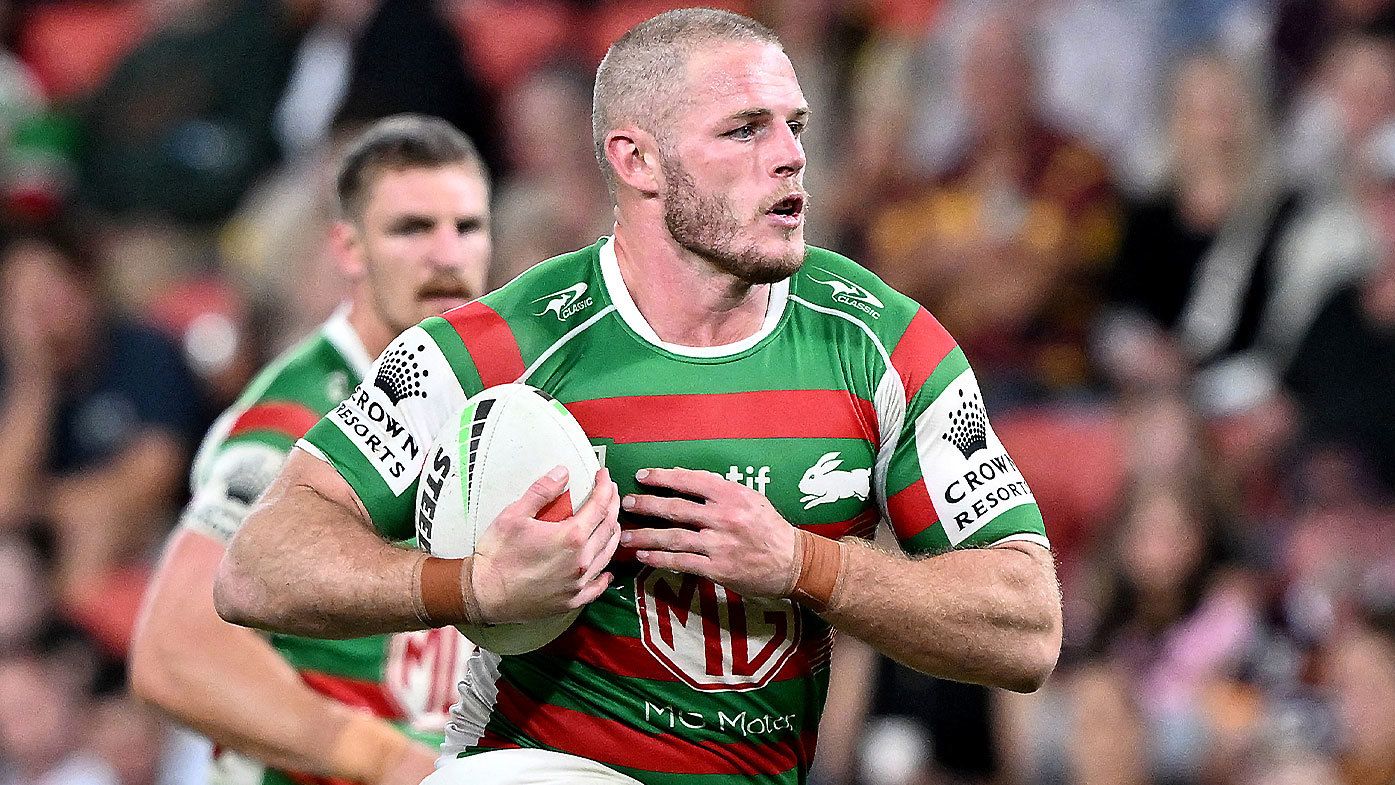 BRISBANE, AUSTRALIA - APRIL 28: Tom Burgess of the Rabbitohs runs with the ball during the round nine NRL match between Brisbane Broncos and South Sydney Rabbitohs at Suncorp Stadium on April 28, 2023 in Brisbane, Australia. (Photo by Bradley Kanaris/Getty Images)