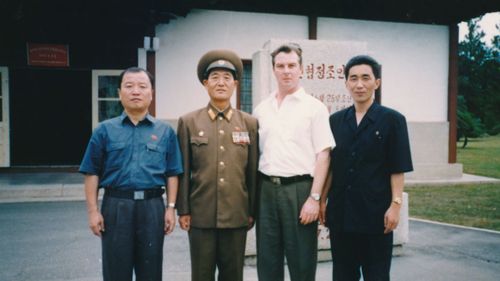 Criminal solicitor Jack Dalziel (second right) with Jon Hak-bom (far right) and Kim Chu-nam (far left).