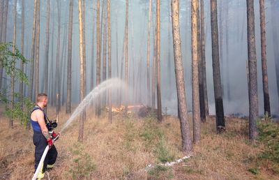 Firefighters tackle a forest fire near Potsdam, eastern Germany late last month.
