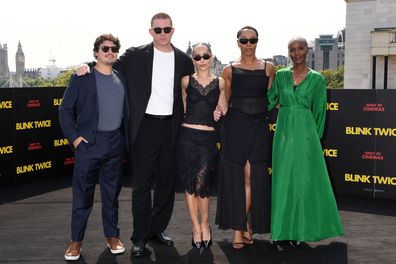 LONDON, ENGLAND - AUGUST 18: Garret Levitz, Channing Tatum, Director, writer and producer Zoë Kravitz, Naomi Ackie and Tiffany Persons attend the photocall for "Blink Twice" at IET London on August 18, 2024 in London, England. (Photo by Nicky J Sims/Getty Images)