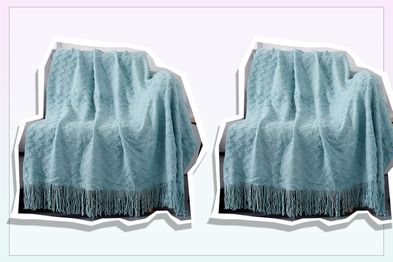 9PR: Quinnsus Knit Throw Blanket for Bed, Soft Lightweight Decorative Bed Throw Blankets, Jacquard Textured Boho Summer Throw Blanket in light blue