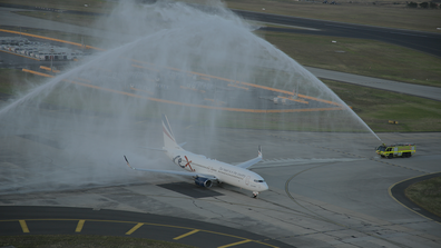 Rex Airlines' Melbourne service launch marked with a double water canon salute