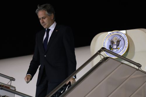 U.S. Secretary of State Antony Blinken arrives in Riyadh, Saudi Arabia, Friday Oct. 13, 2023, after stops in Jordan, Qatar, and Bahrain in the same day. (AP Photo/Jacquelyn Martin, Pool)