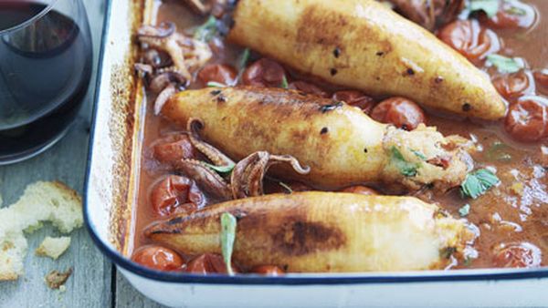 Braised squid with chorizo, tomatoes and paprika