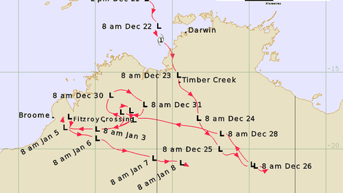 Le Bureau de météorologie a suivi la trajectoire de l'ancien cyclone tropical Ellie, depuis sa formation de cyclone le 21 décembre jusqu'à sa disparition 19 jours plus tard.