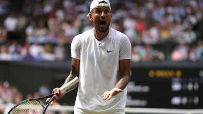 Nick Kyrgios fumes at his players' box during the Wimbledon final against Novak Djokovic.