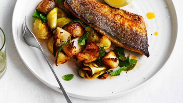 Harissa-grilled mackerel with potatoes, zucchini and mint