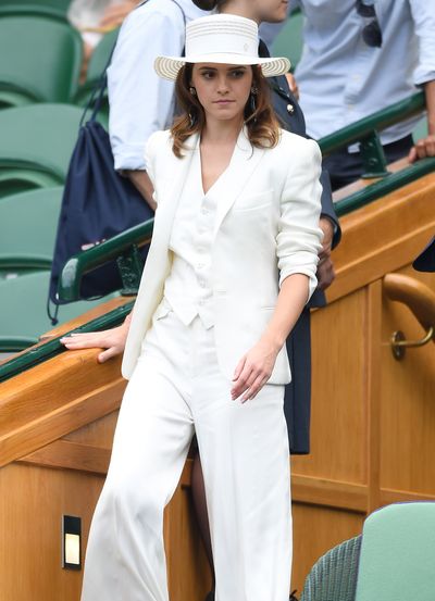 Emma Watson in a Ralph Lauren three-piece suit at Wimbledon, July, 2018