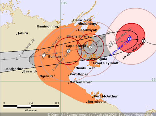 Si prevede che il ciclone tropicale Narelle si abbatterà nuovamente sulla costa orientale del Top End durante la notte.
