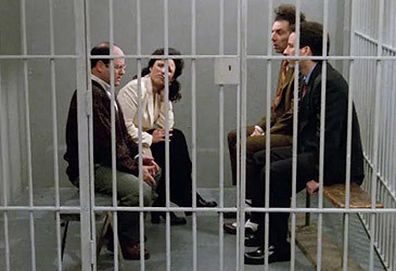 Cast of Seinfeld in jail cell in The Finale (NBC)