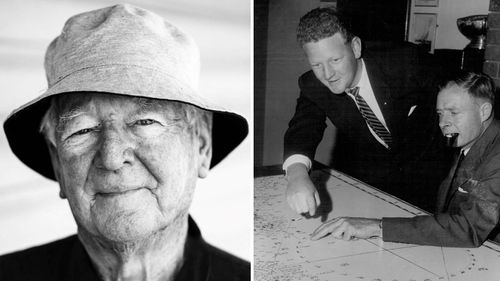 Peter Warner in a recent photograph (left), and in 1960 (left in right image) with the commodore of the Cruising Yacht Club, Mr. D.M. Brown, preparing for the Sydney to Hobart.