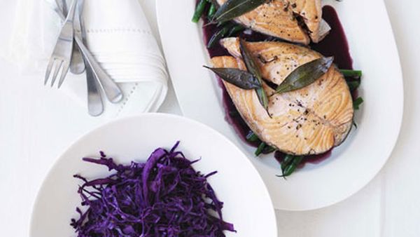 Salmon with warm red cabbage salad and red wine sauce