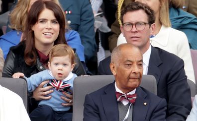 Princess Eugenie of York, August Brooksbank, Jack Brooksbank, Birgitte, Duchess of Gloucester, Lord-Lieutenant of Greater London Ken Olisa during the Platinum Pageant on June 05, 2022 in London, England. 