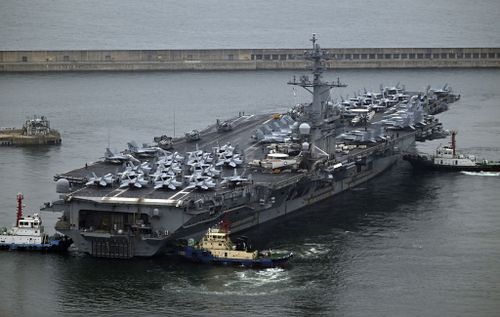 The Theodore Roosevelt (CVN 71), a nuclear-powered aircraft carrier is anchored in Busan, South Korea, Saturday, June 22, 2024.