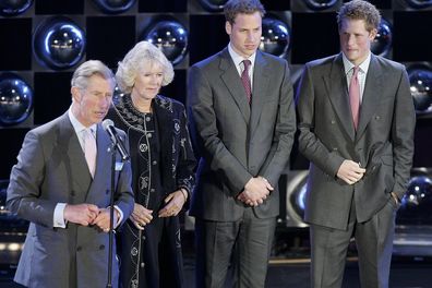 Prince Charles, Prince of Wales, Camilla, Duchess of Cornwall, Prince Harry and Prince William speak on stage as presenter Cat Deeley (R) looks on during The Prince's Trust 30th Live concert held at the Tower of London on May 20, 2006 in London, England 