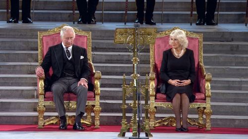 King Charles II and Camilla, Queen Consort, arrive at UK Parliament.