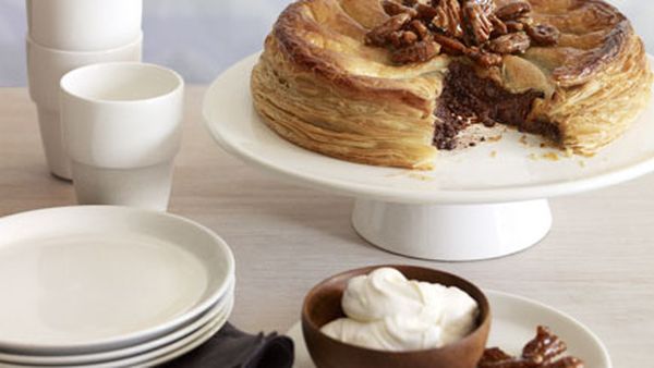 Chocolate and pecan pie with candied pecans