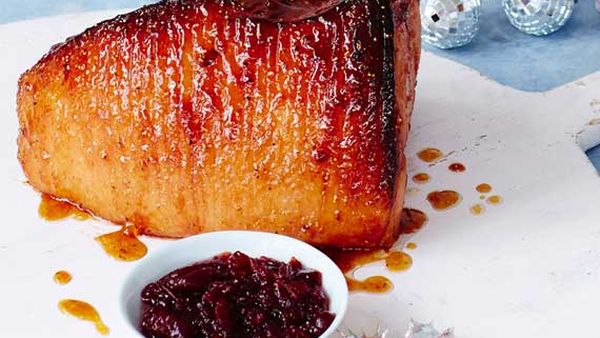 Sticky fig glazed roast ham portions