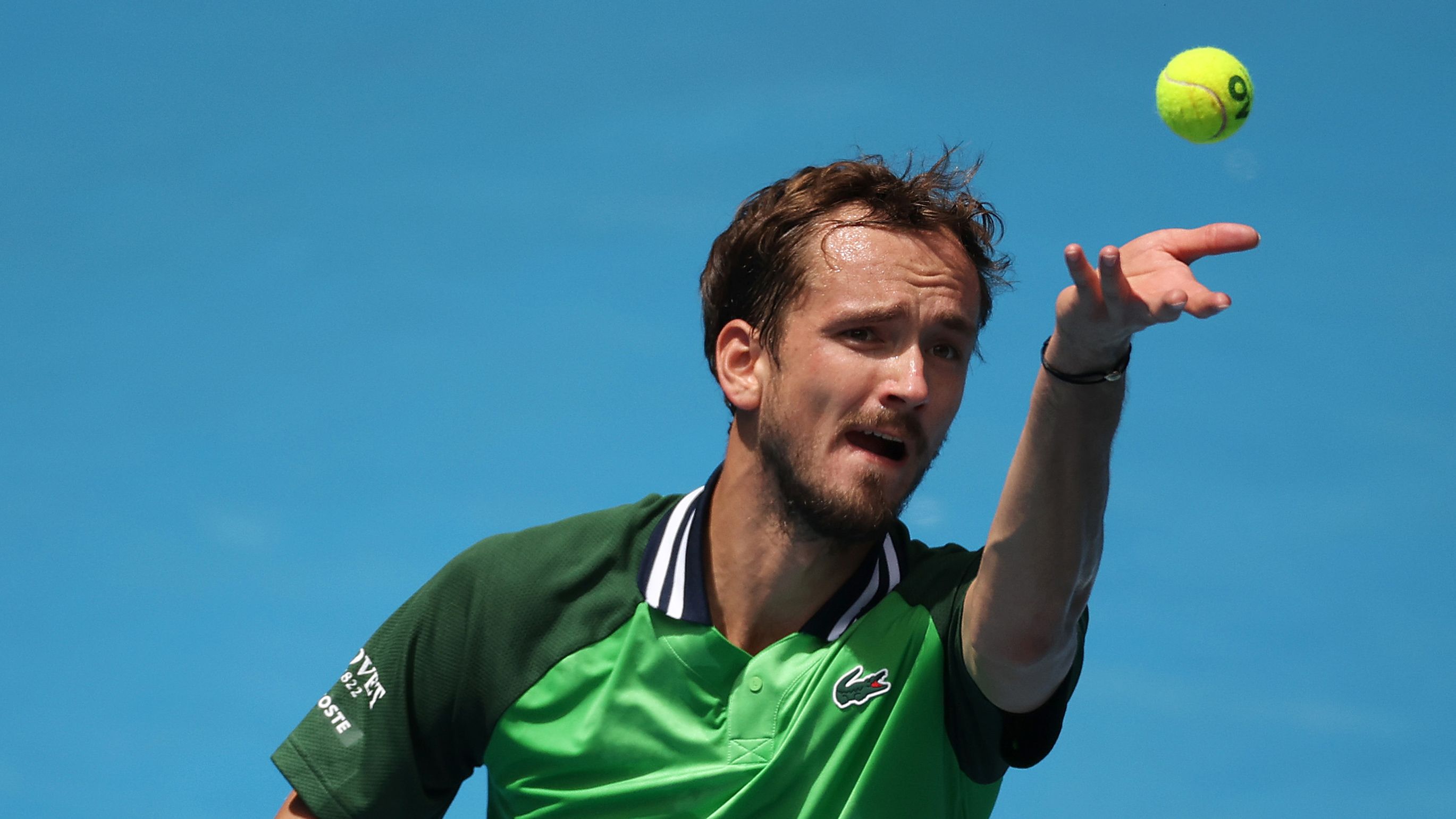 Daniil Medvedev serves during Australian Open his quarter-finals singles match against Hubert Hurkacz of Poland.