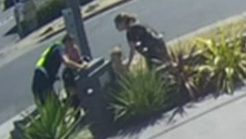 CCTV has captured the moment a toddler stumbled into the hands of rescuers after he was abandoned by a thief in Melbourne. 