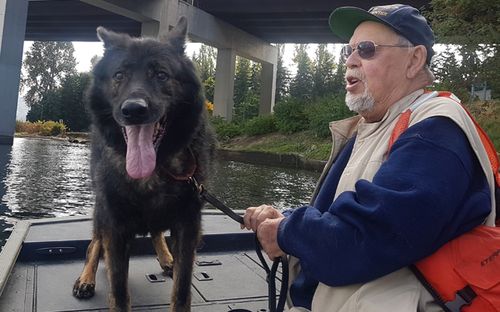 Cadaver dog handler, Andy Rebmann, is pictured on a boat with his dog Carlo as they undertake a search in a body of water. Rebmann has more than four decades of experience in the cadaver dog field.