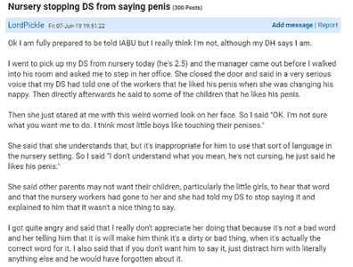 Mumsnet post re penis