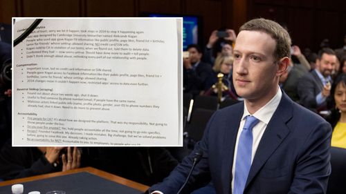 Mr Zuckerberg wrote a series of notes during the hearing. (AAP)