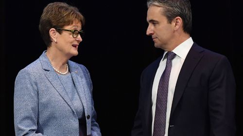 Commonwealth Bank chairman Catherine Livingstone (left) and CEO Matt Comyn (right) during the Commonwealth Bank annual general meeting (AGM) in Sydney.