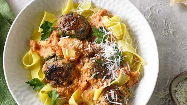 Catalan lamb meatballs with pappardelle pasta and romesco sauce