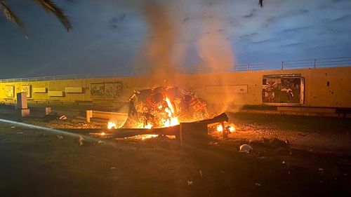 Donald Trump ordered an airstrike that killed Iran's most powerful general in the early hours of Friday. This photo shows the aftermath of the drone attack on a vehicle carrying General Qassem Soleimani near an airport in Baghdad.