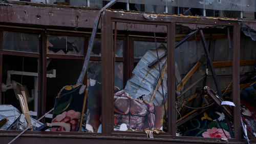 Damage of a residential building following explosions, in Kyiv, Ukraine.