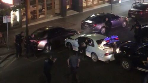 The chase ended when STAR force officers rammed his car in Hindley Street in Adelaide's CBD in front of scared onlookers. Picture: 9NEWS