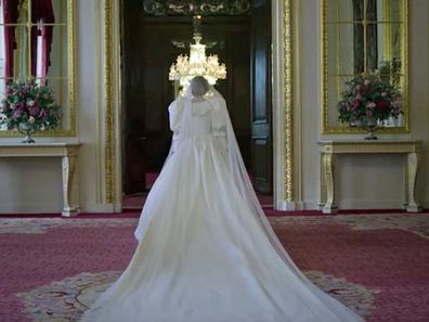 A scene showing Princess Diana on her wedding day from The Crown Season 4